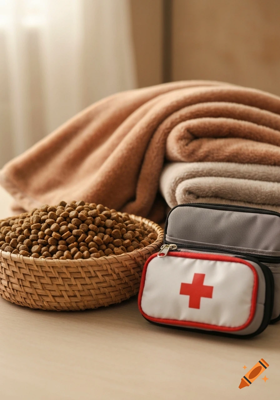 A woven basket of pet kibble, a stack of brown and beige folded blankets, and a white first aid kit with a red cross, all on a light wooden surface.