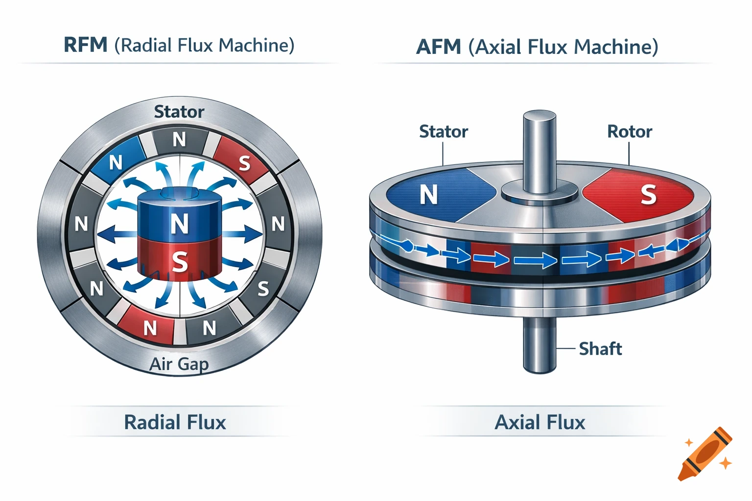 Diagram comparing Radial Flux Machine (RFM) and Axial Flux Machine (AFM) principles, showing magnetic flux paths and components.