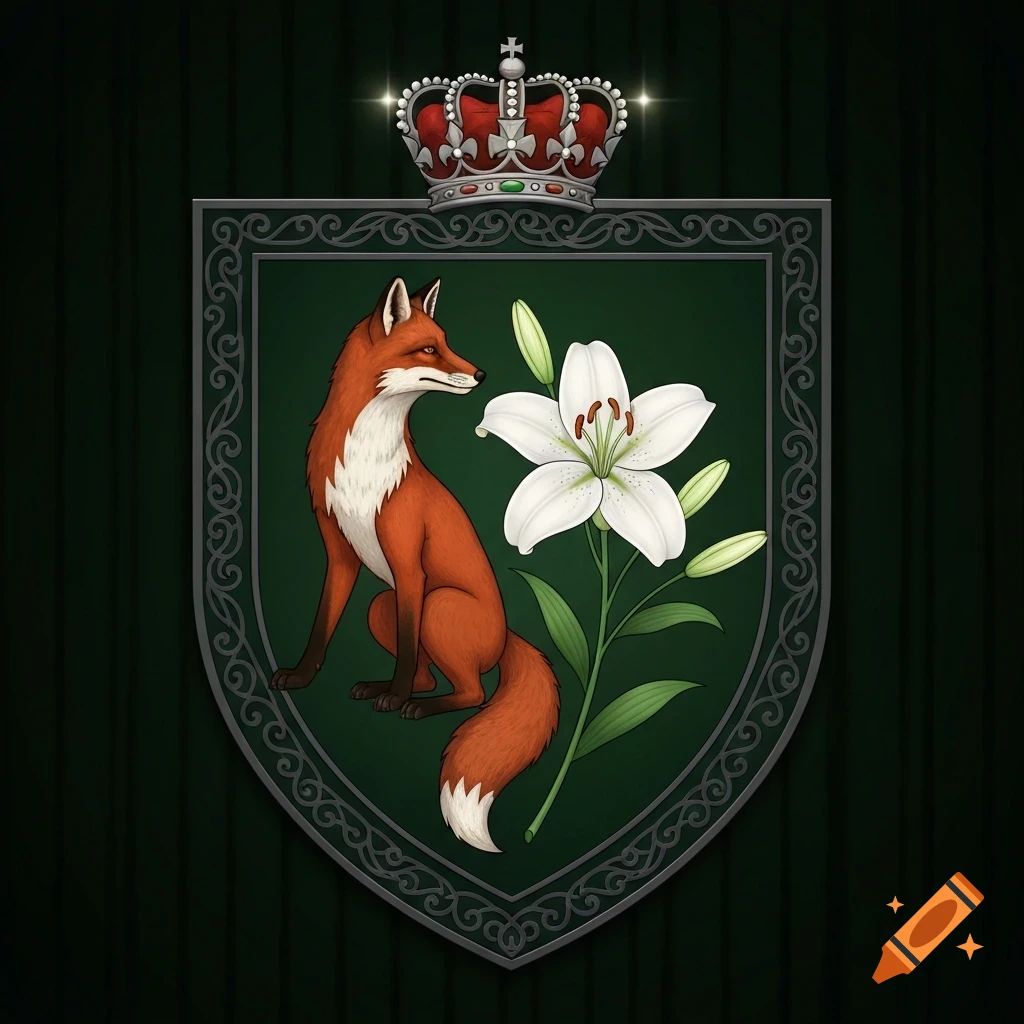 A heraldic crest featuring a red fox and a white lily on a dark green shield, topped with a regal crown.