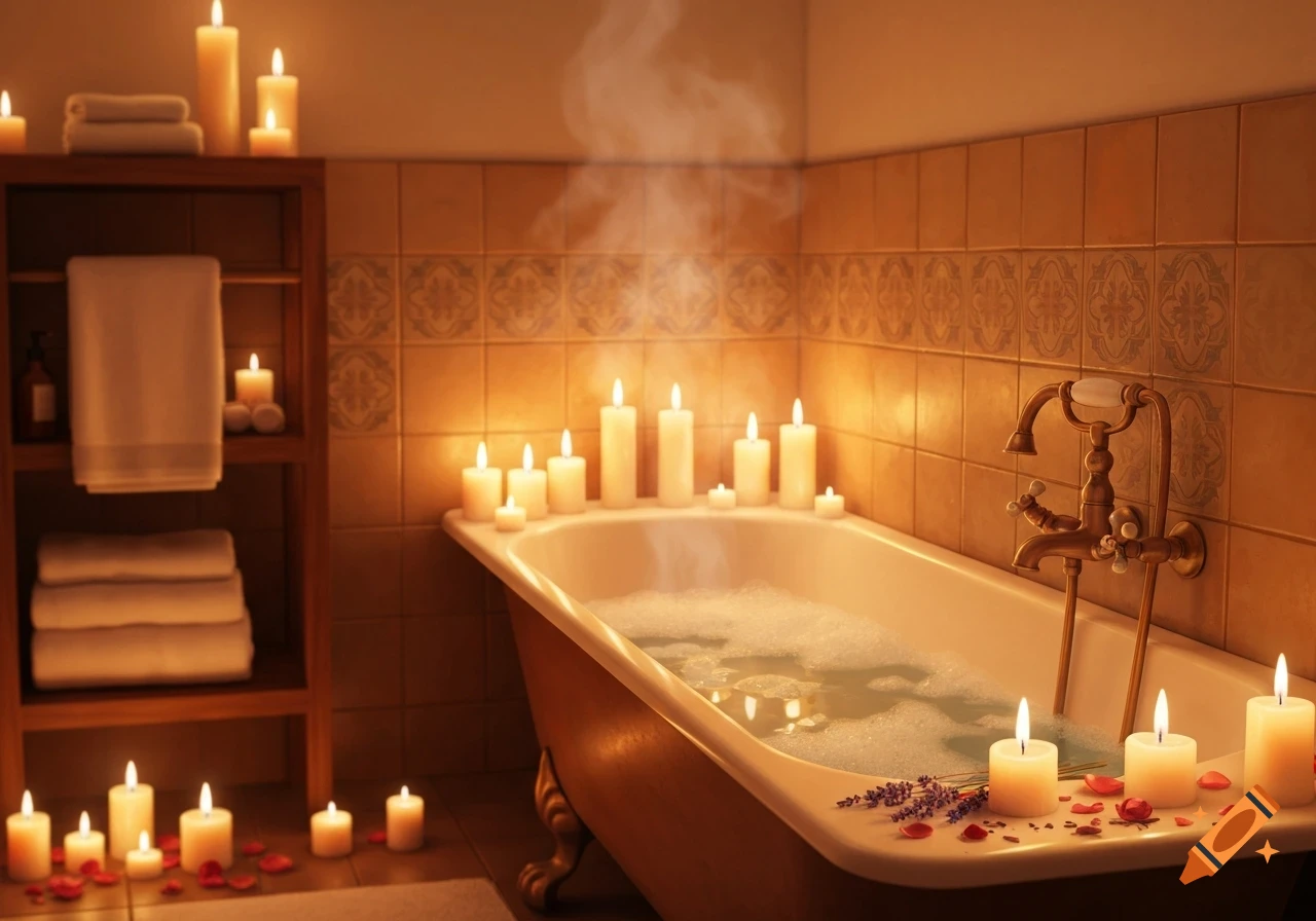 Warm, cozy bathroom with a bubble bath, many lit candles, lavender, and rose petals, creating a relaxing ambiance.