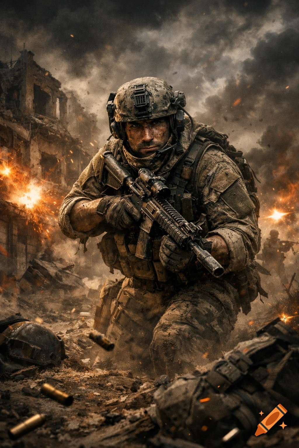 Photorealistic image of a soldier crouching in a war-torn city, holding a rifle amidst explosions and smoke.