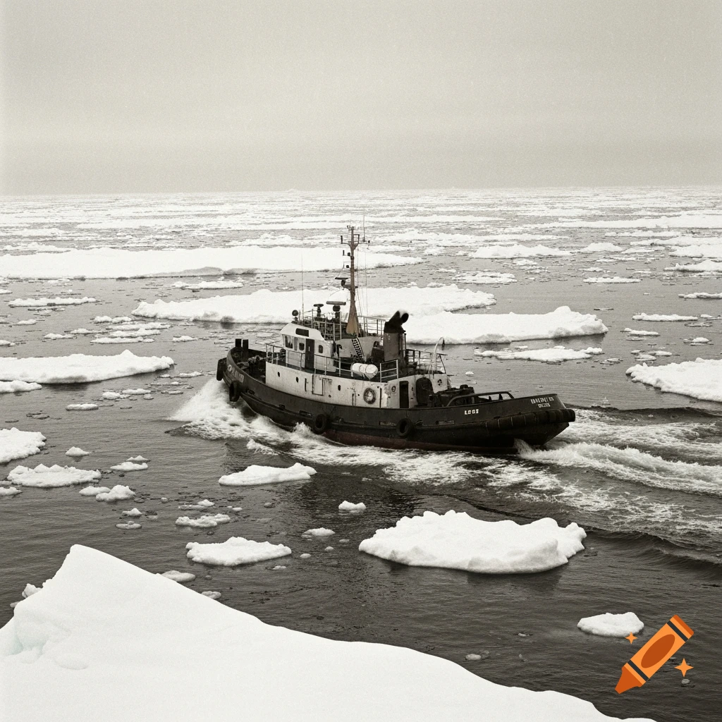 A vintage black and white photograph of a diesel tugboat navigating through ice-covered ocean waters.