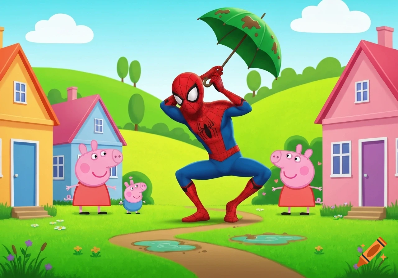 Cartoon Spider-Man with a muddy umbrella, posing with Peppa Pig characters and houses on green hills.