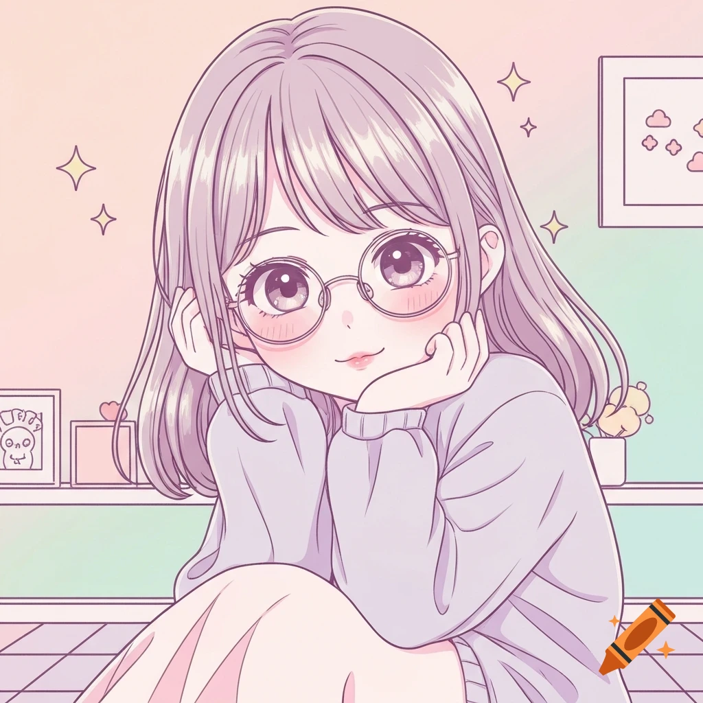 A cute anime girl with light purple hair and round glasses, smiling softly with her hands under her chin, against a pastel background.