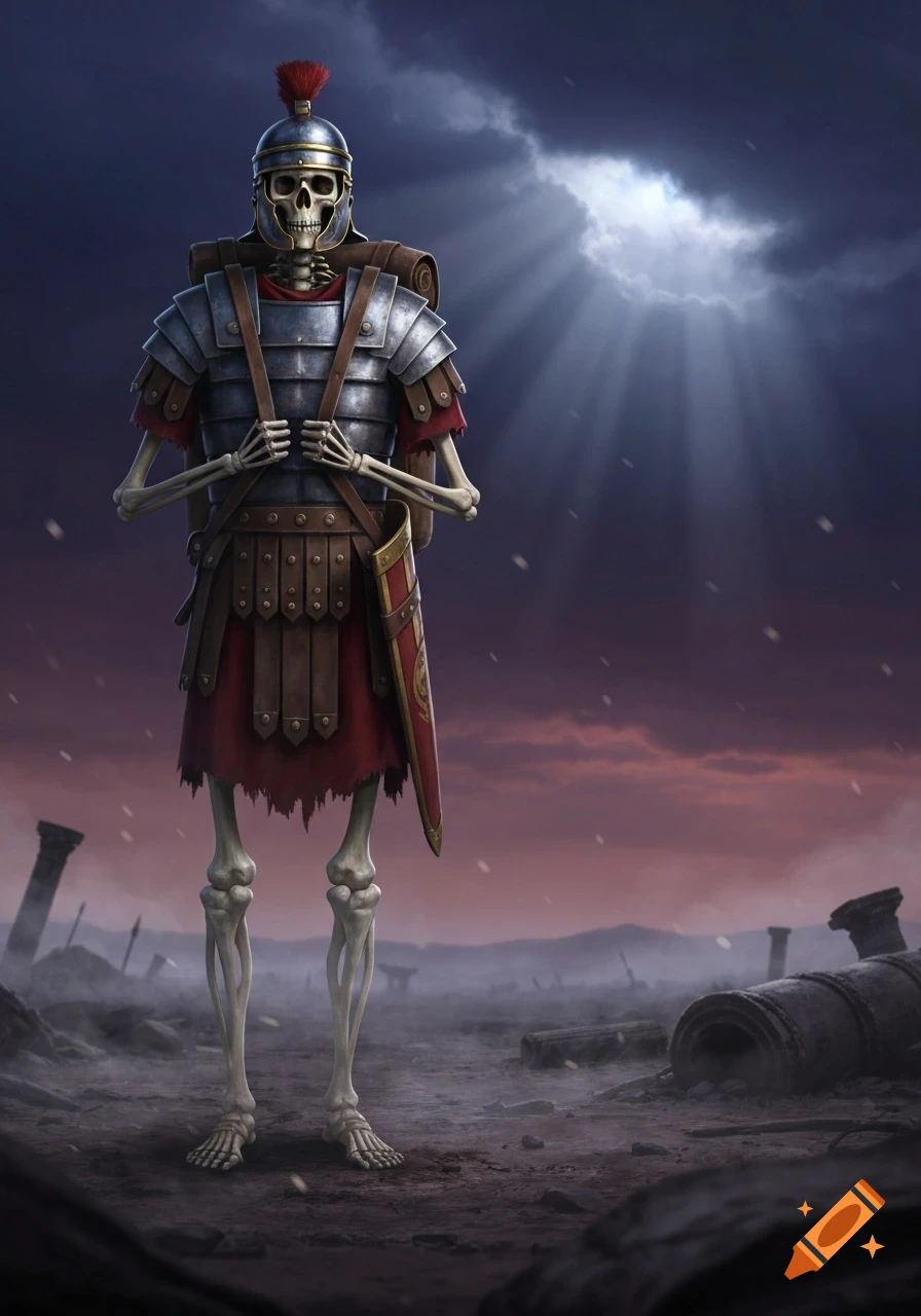 A skeleton Roman soldier in full armor and helmet stands on a desolate battlefield under a dramatic, cloudy sky with light rays.