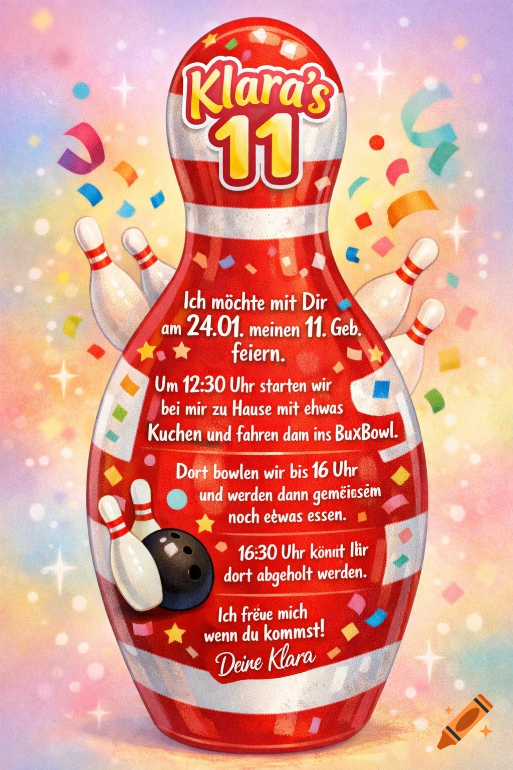 A colorful birthday invitation shaped like a red and white striped bowling pin. It features a bowling ball, pins, and confetti, with German text for Klara's 11th birthday party details.
