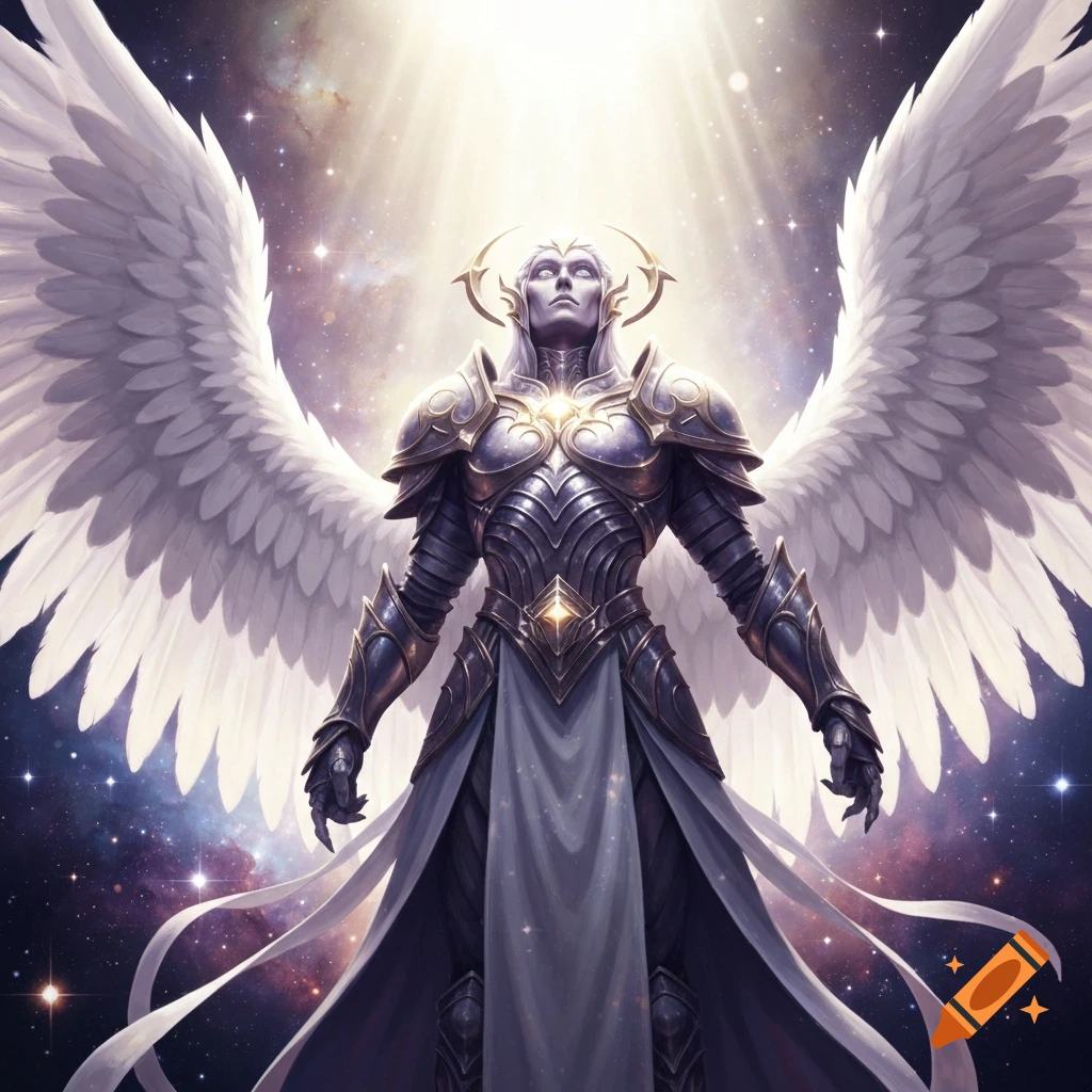 An archangel in ornate armor with large white wings stands under bright celestial light, looking up into a starry sky.