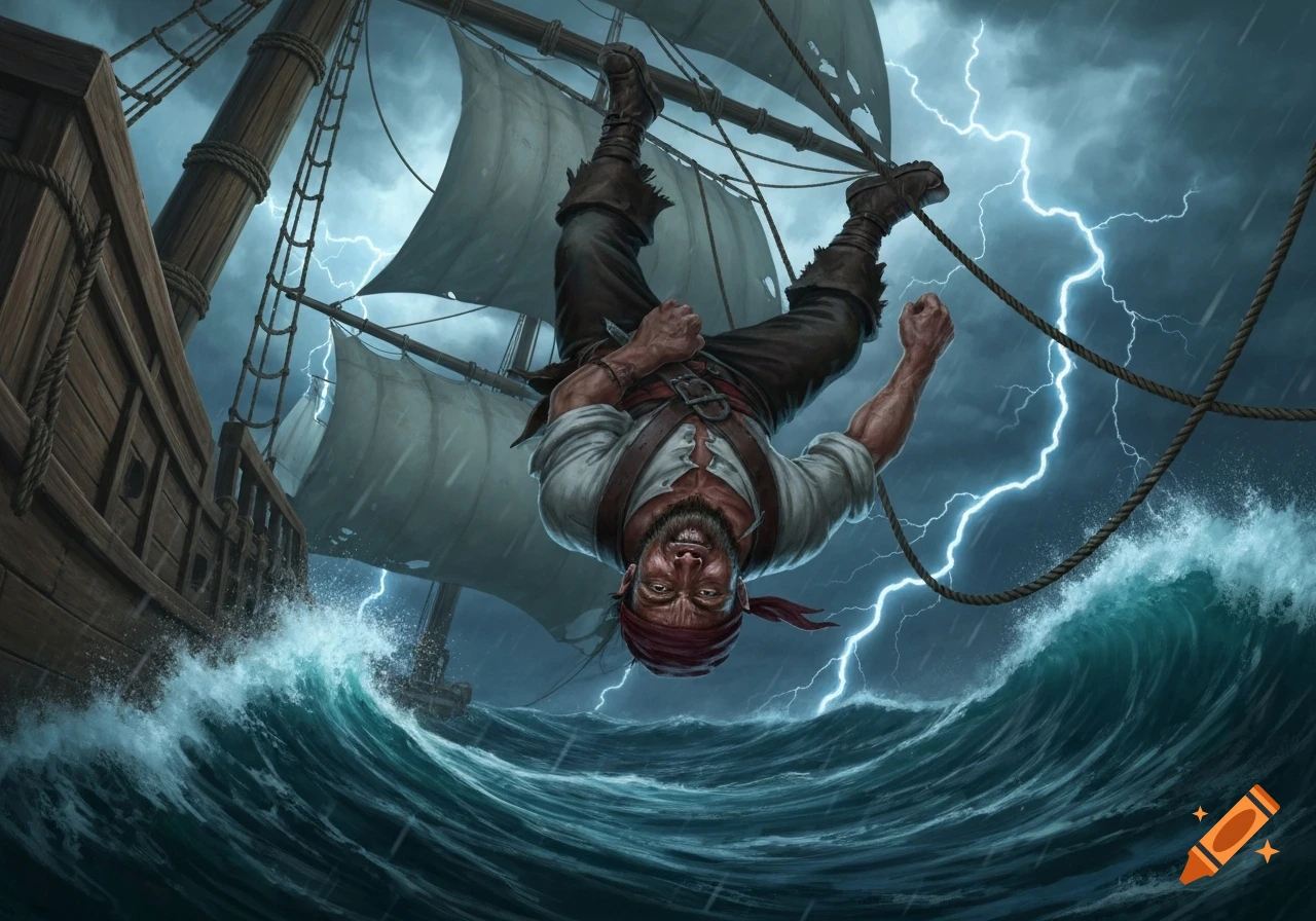A pirate hangs upside down from a ship's mast during a stormy sea with lightning. Dramatic fantasy art.