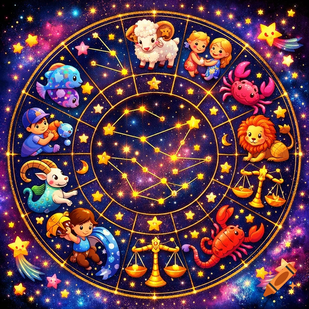 Colorful cartoon zodiac chart with astrological signs set against a vibrant starry galaxy background.