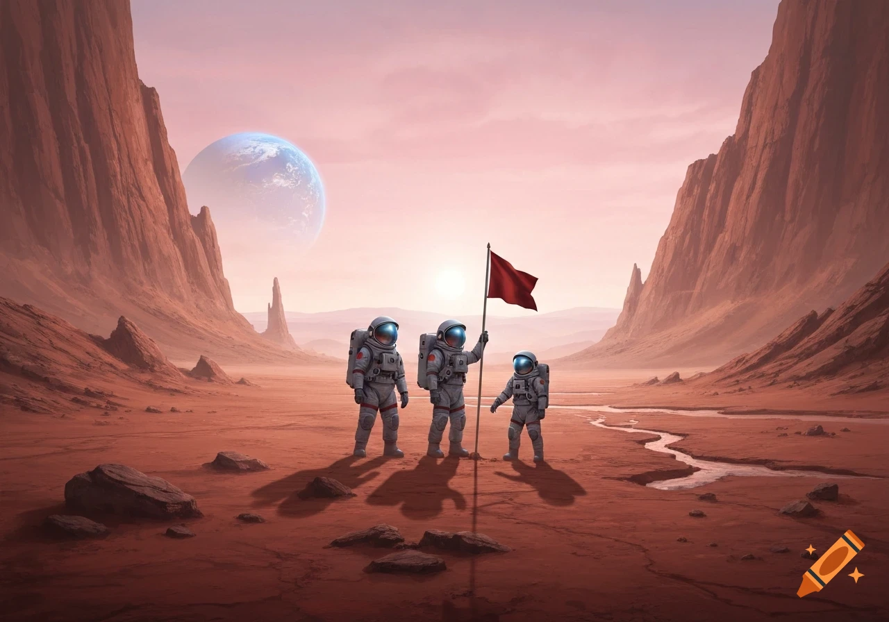 Three astronauts in space suits on a red alien planet, one planting a red flag under a pink sky with a distant blue planet.