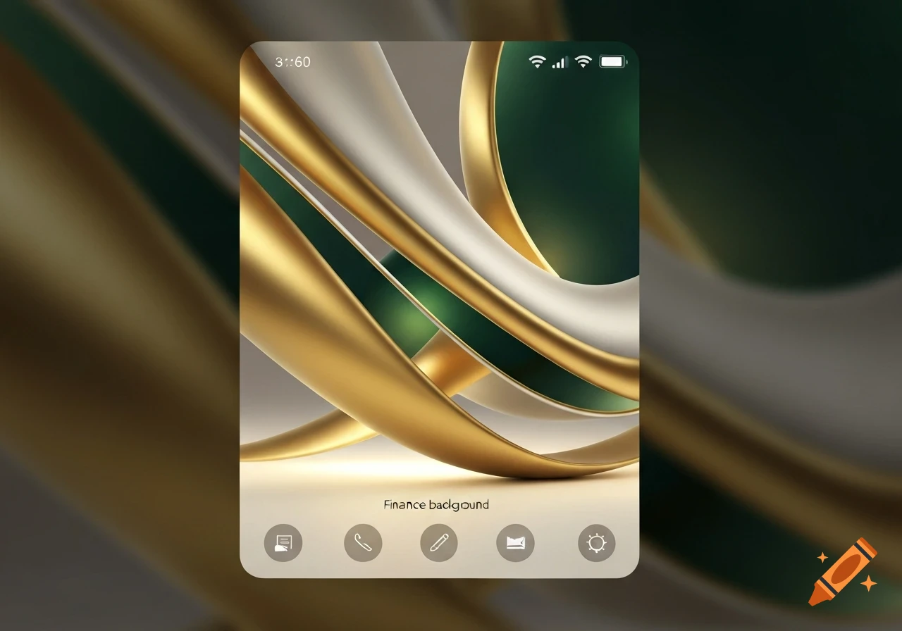 A mobile phone screen displaying an abstract background of swirling golden and dark green ribbons. It includes a time '3::60', network icons, and text 'Finance background' above app icons.