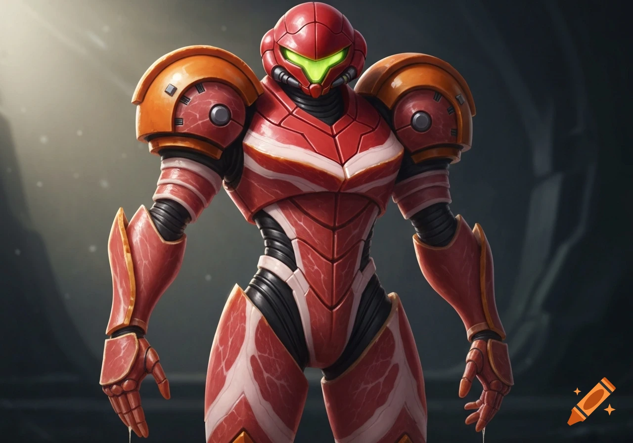 A detailed render of Samus Aran's power suit, stylized to appear as if made from cuts of ham and bacon.