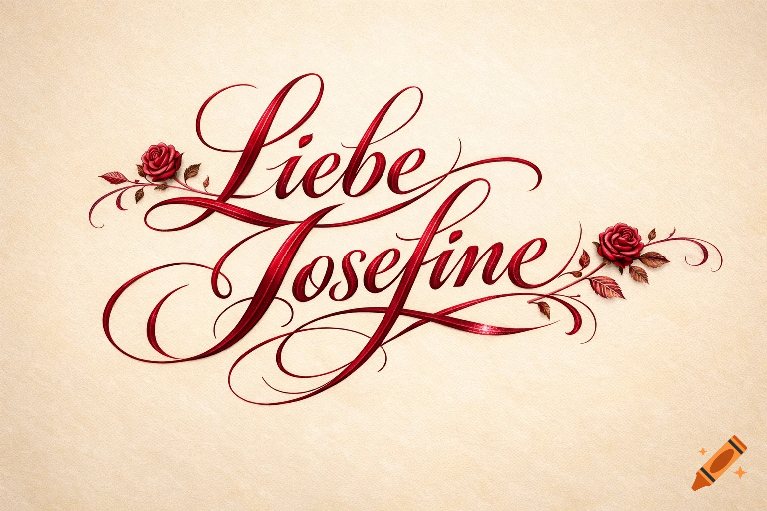 Ornate red script reads 'Liebe Josefine' with roses on a light beige background.