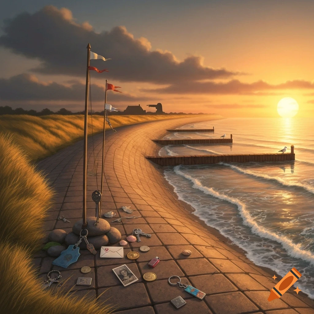 A vibrant sunset over a tiled coastal path with breakwaters extending into the sea, scattered with small personal items.