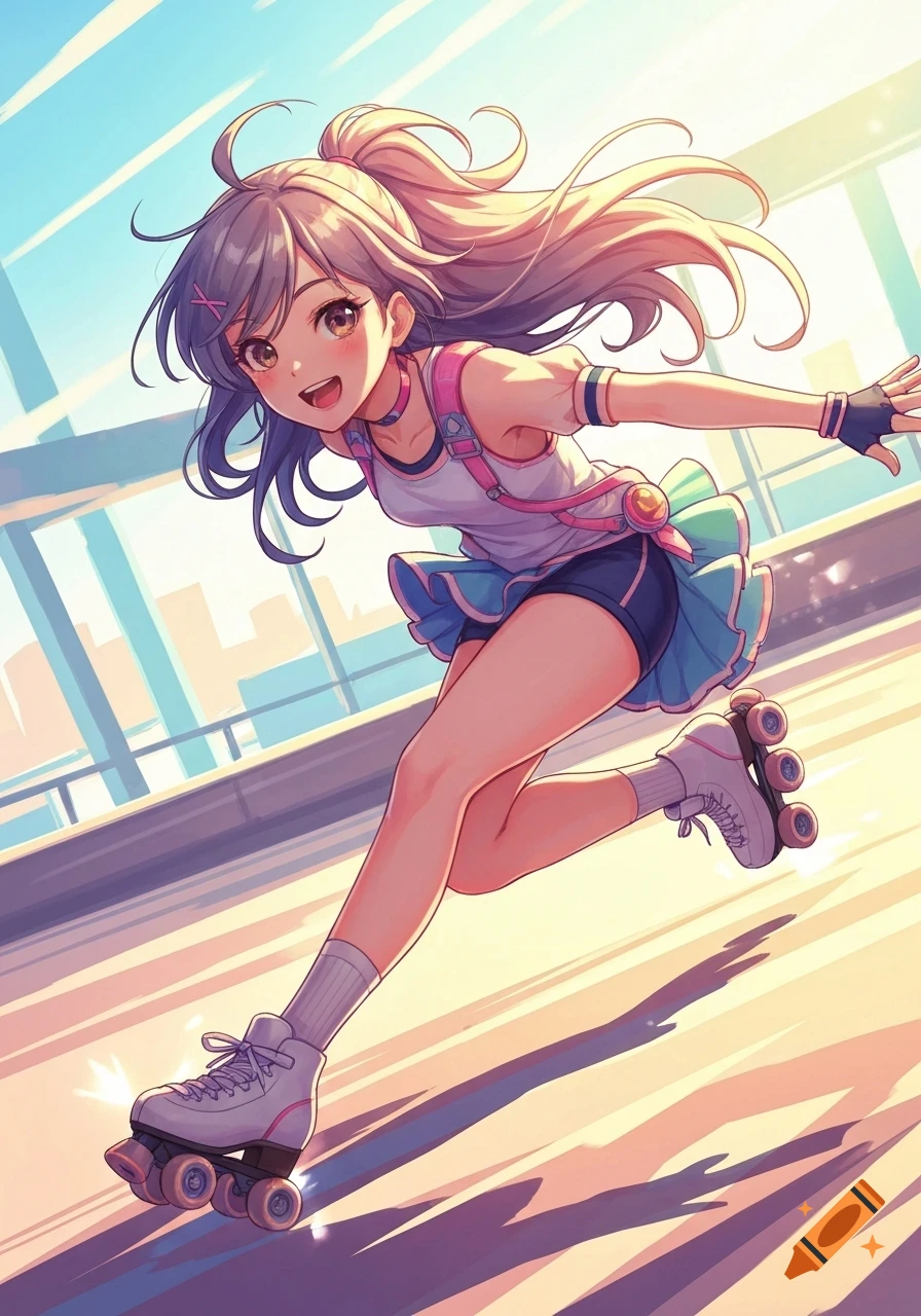 An anime girl with pink and blue clothing, a ponytail, and roller skates smiles while in motion on a sunny day.