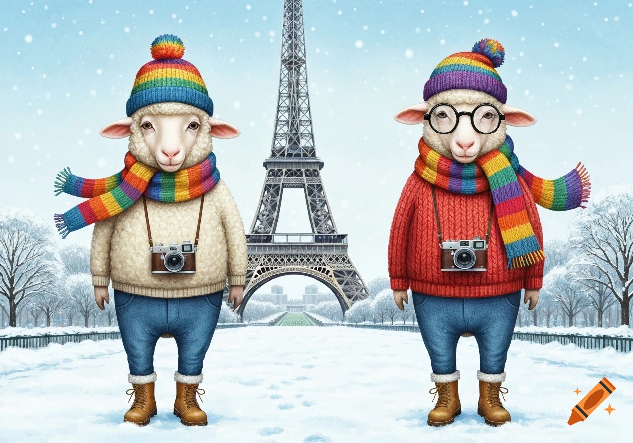 Whimsical illustration of two sheep in colorful winter clothes, with cameras, in front of the Eiffel Tower in snowing Paris.