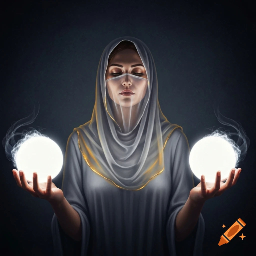 A veiled woman with closed eyes holds two glowing orbs, which illuminate her face with a serene light in a dark setting.