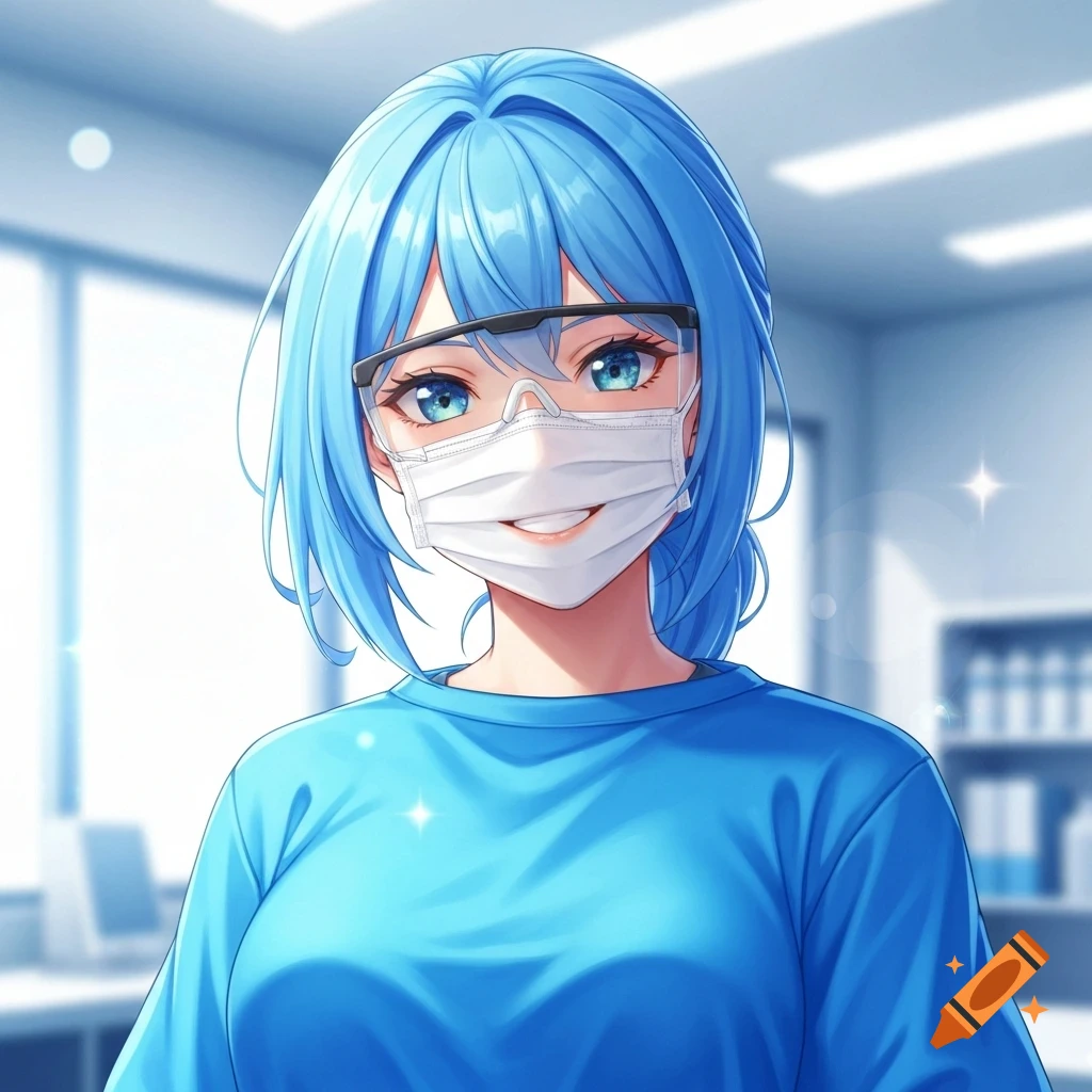Anime girl with blue hair, surgical mask, safety glasses, and blue medical gown, smiling in a clinic.