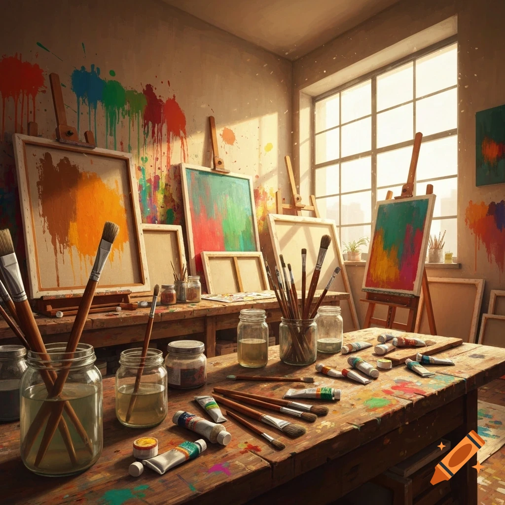 Sunlit art studio with easels, paint-splattered canvases, brushes in jars, and paint tubes on a wooden workbench.