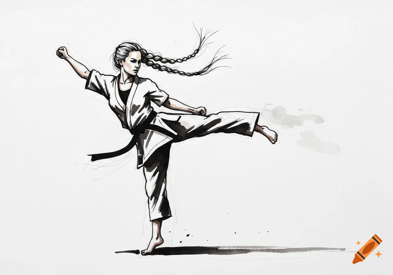 Ink drawing of a white woman with braided hair in a gi doing a karate kick.