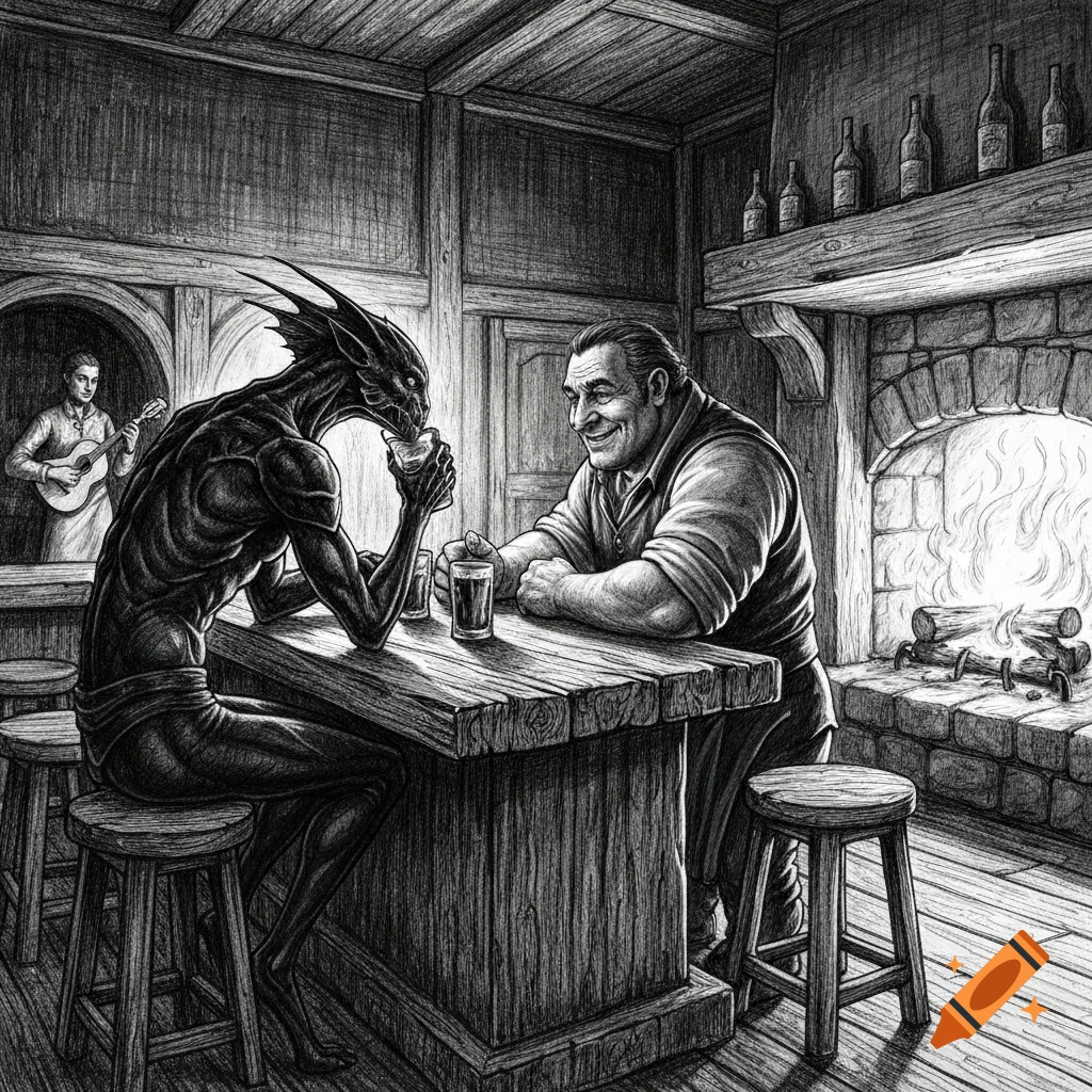 Black and white pencil sketch of a reptilian strider and a smiling human innkeeper drinking at a rustic tavern bar.