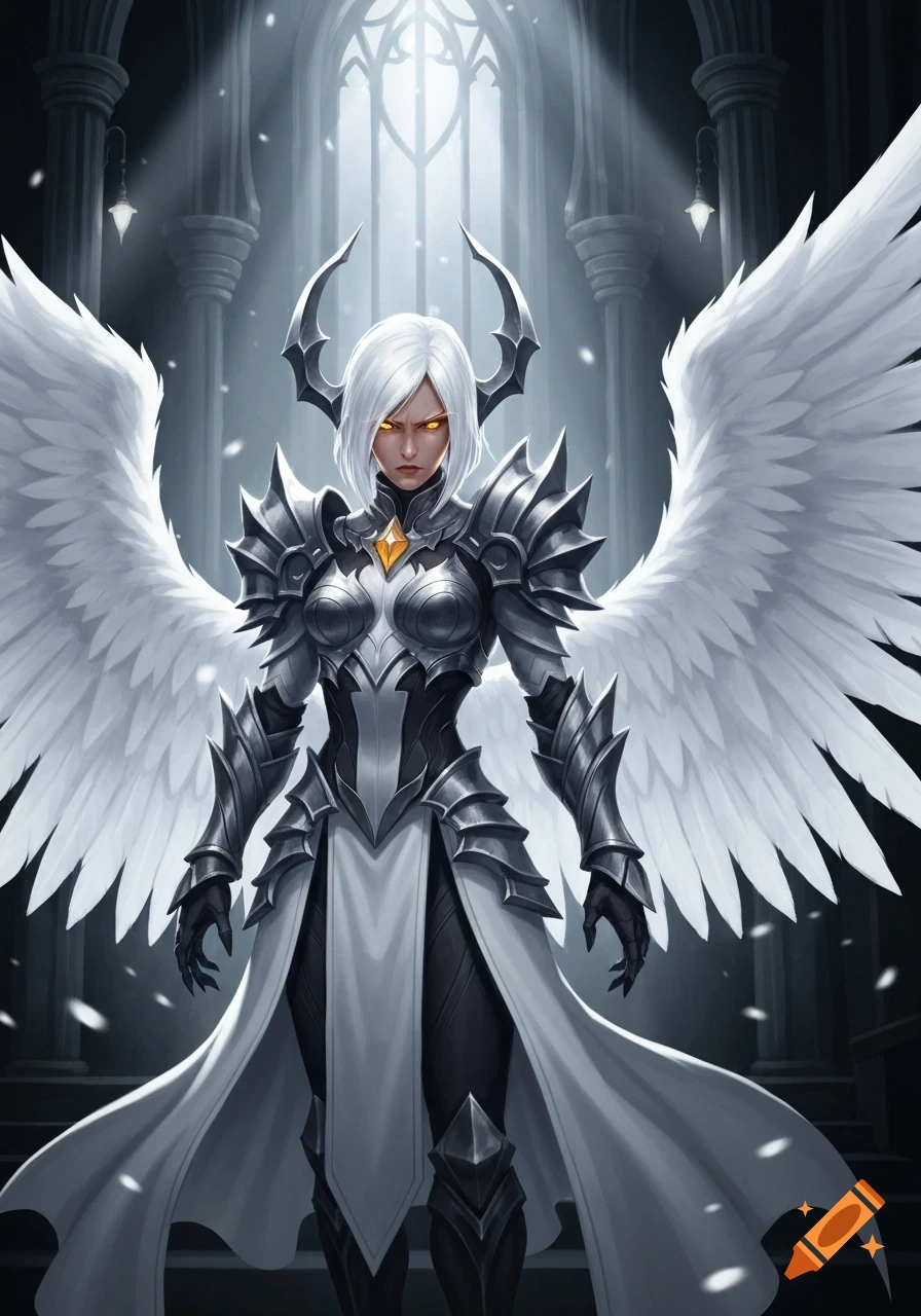 Stern winged female warrior with white hair, glowing yellow eyes, and silver armor stands in a gothic hall with falling snow.