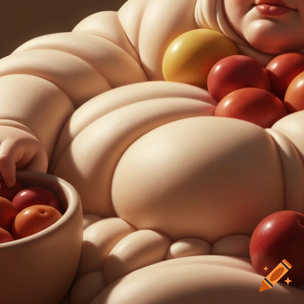 A close-up, stylized 3D render of a very chubby person with smooth, rounded skin folds, holding a bowl of fruit while more fruit rests on their body.