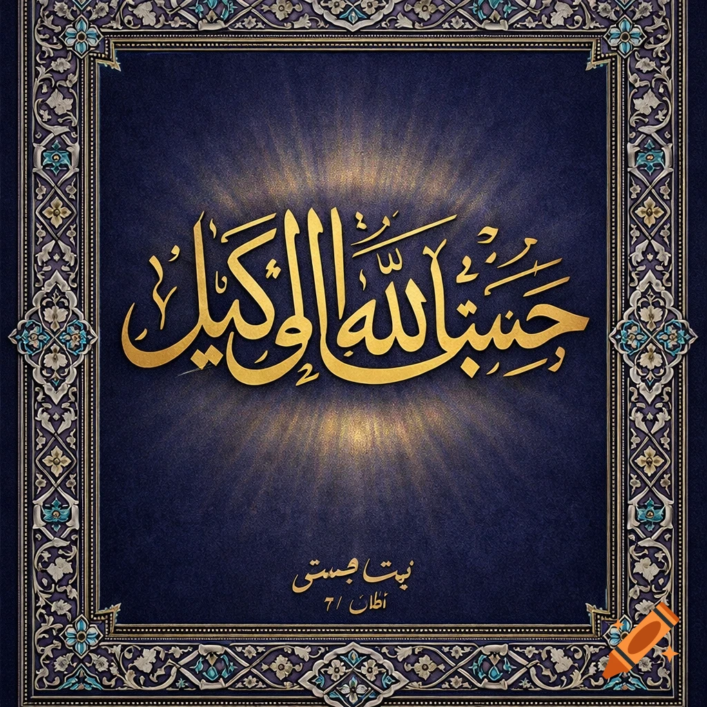 Decorative blue and gold Islamic calligraphy with ornate borders. The central gold text reads "Hasbunallah wa ni'mal-wakeel" in Arabic script, with smaller Persian text below.