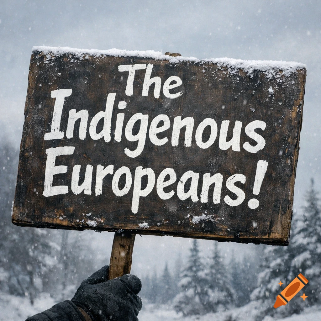 A gloved hand holds a snow-covered wooden sign that reads "The Indigenous Europeans!" in a snowy forest.