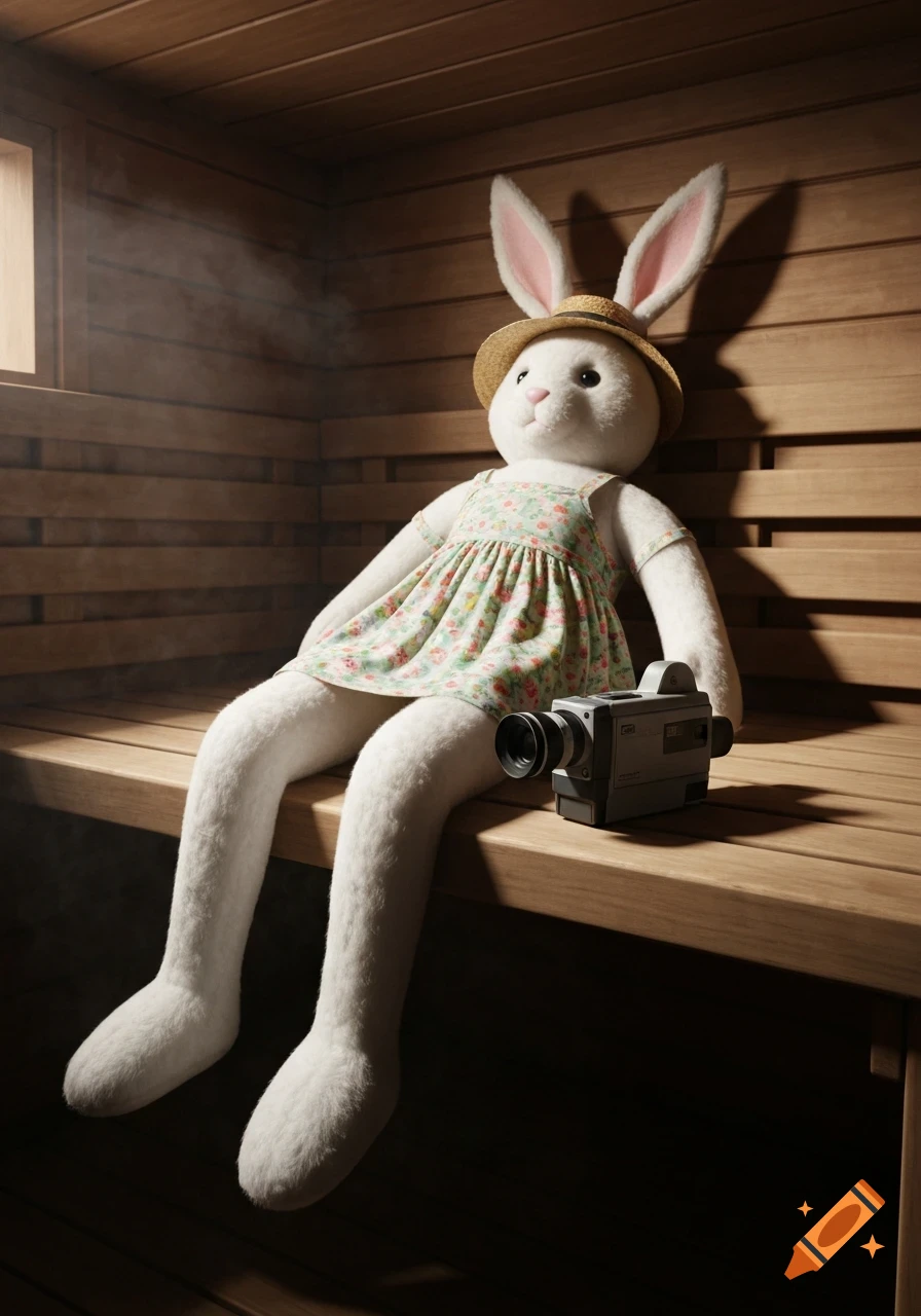 A white stuffed bunny wearing a floral sundress and straw hat sits on a wooden bench in a steamy sauna, with a vintage camcorder next to it.