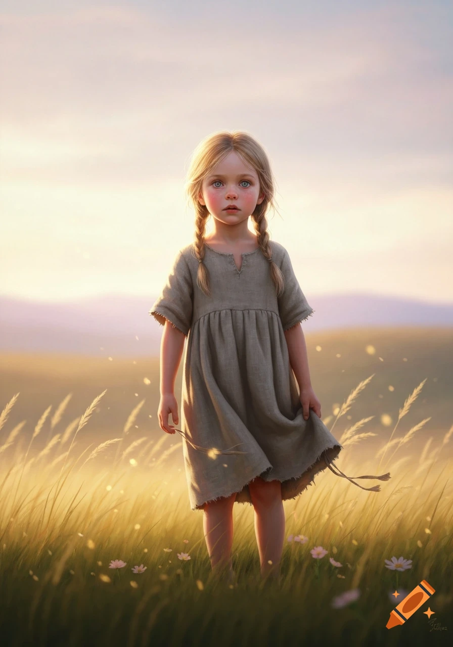 A young girl with blonde pigtails and blue eyes stands in a golden field with soft, dreamy lighting, wearing a simple dress.