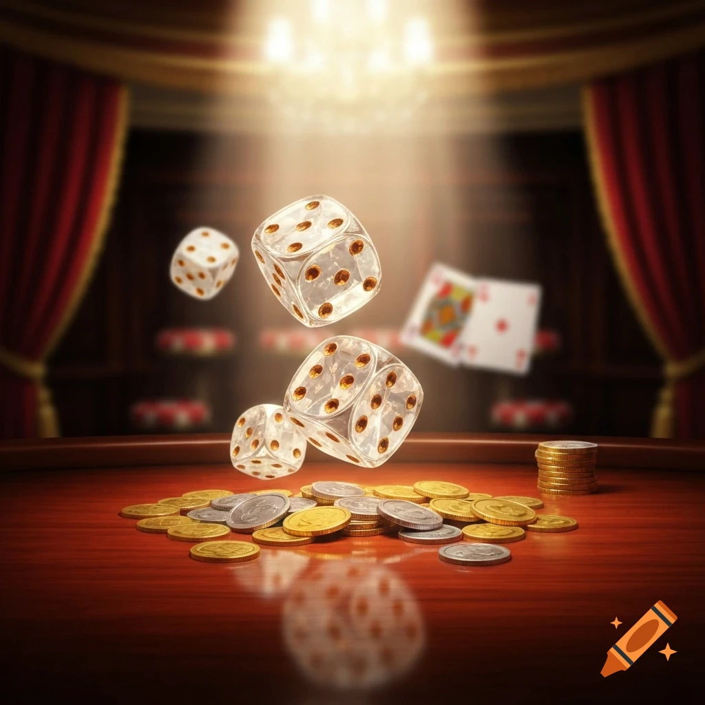 Transparent dice, playing cards, and scattered gold and silver coins on a wooden casino table under a spotlight.