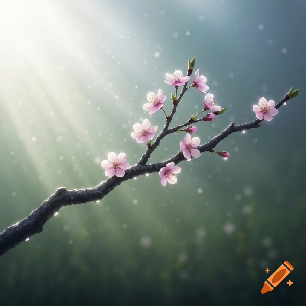 A branch of pink cherry blossoms with water droplets, bathed in sunlight against a soft green background.