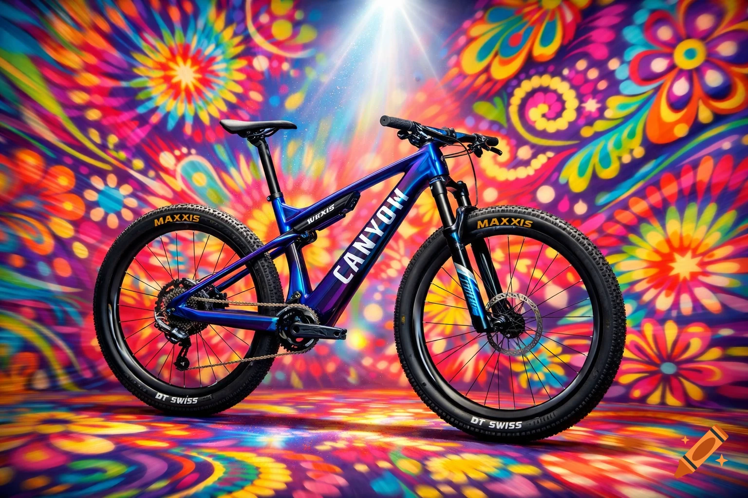 A blue mountain bike with "Canyon" branding stands on a vibrant, colorful, psychedelic background with swirling floral patterns.