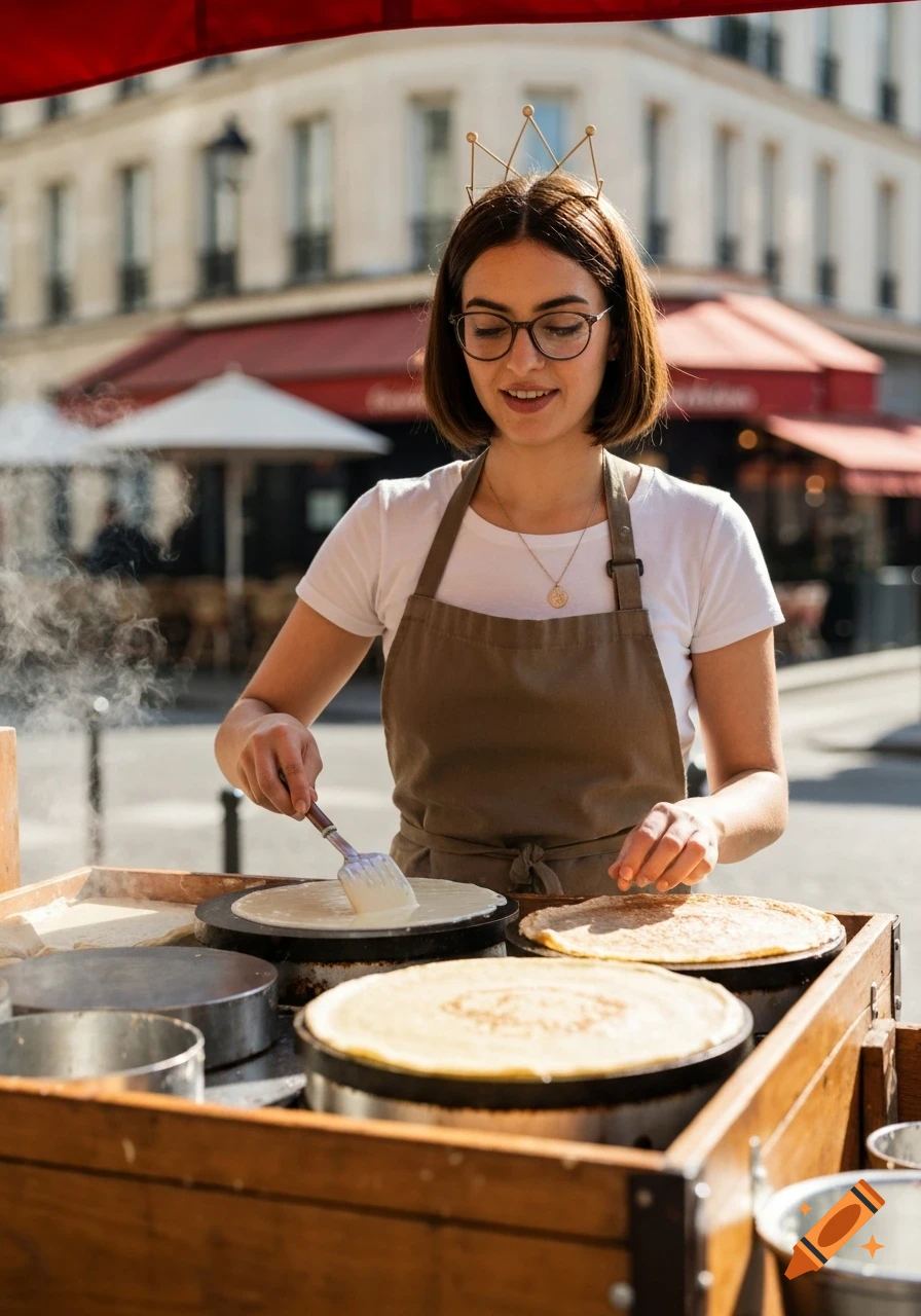 Smiling woman in glasses and a crown, wearing an apron, making crepes on a street food cart.