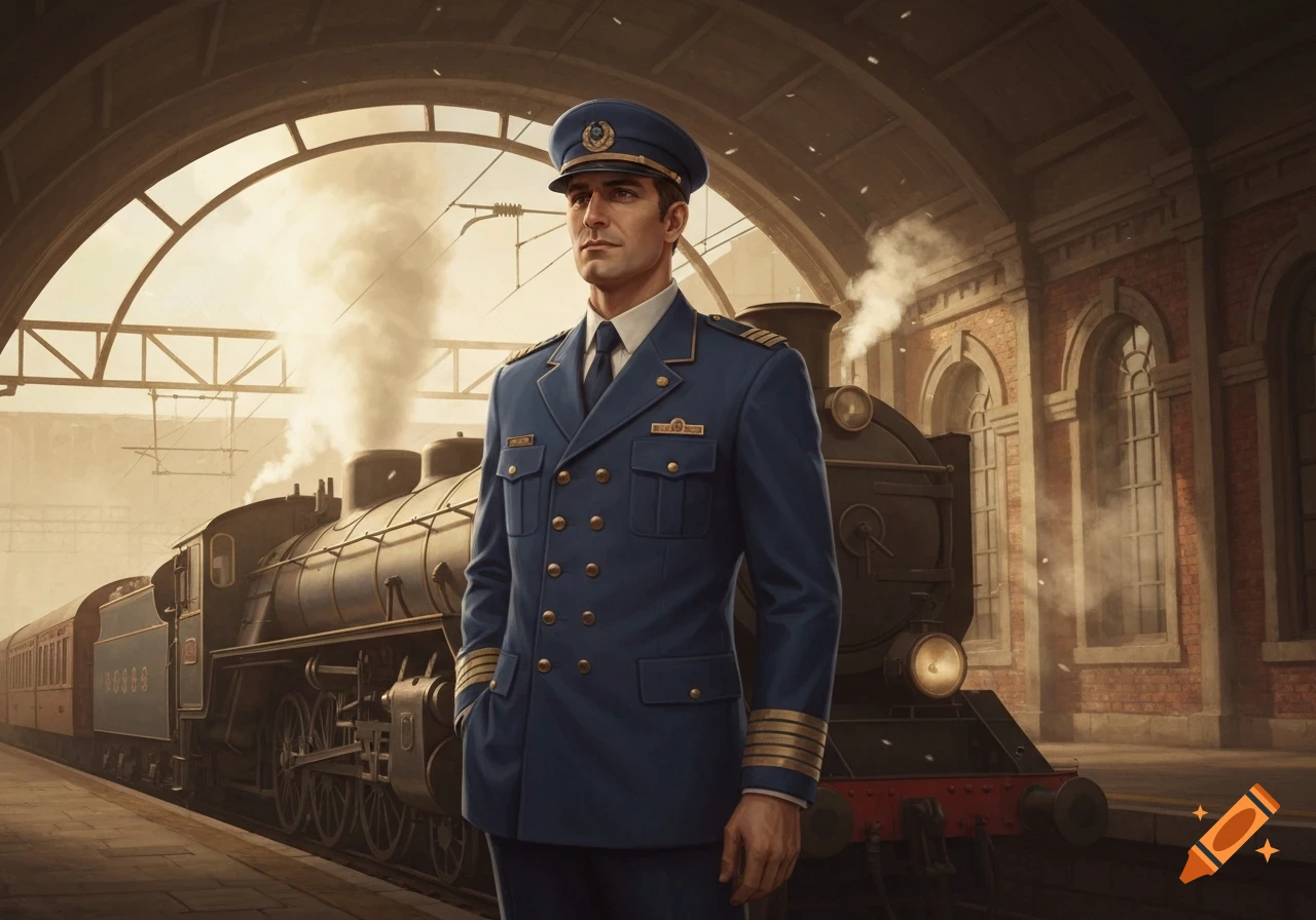 A man in a blue train conductor's uniform stands on a platform next to a steam locomotive in a grand train station, looking serious.