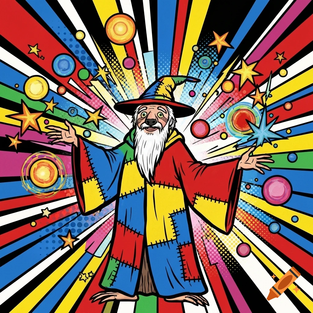 A colorful pop art illustration of a sloth wizard wearing a patchwork robe and a pointy hat, surrounded by stars and vibrant rays.