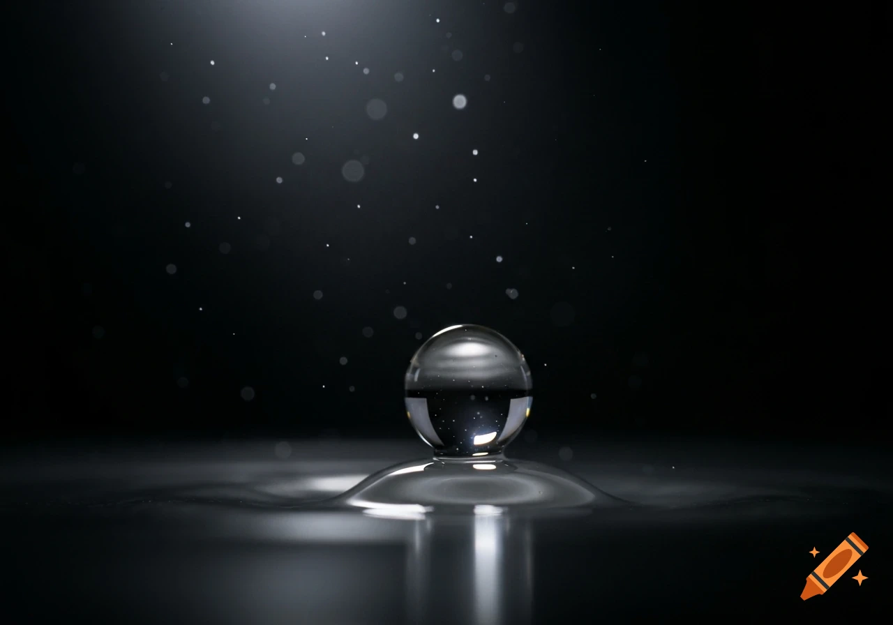 A transparent sphere rests on a rippled liquid surface against a dark background filled with sparkling dust motes, in a photorealistic style.