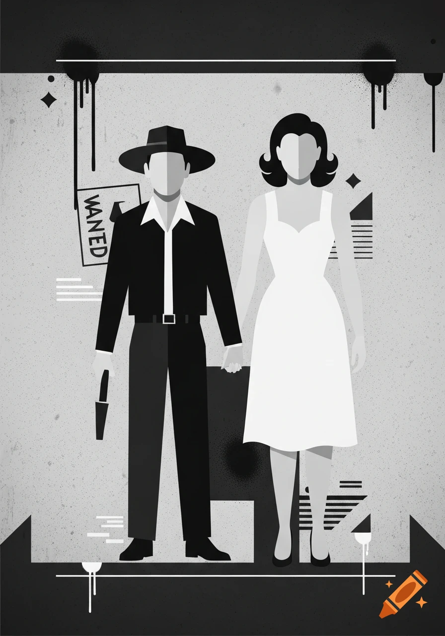 Minimalist black and white graffiti-style illustration of a man and woman resembling Bonnie and Clyde, with a 'WANTED' sign.