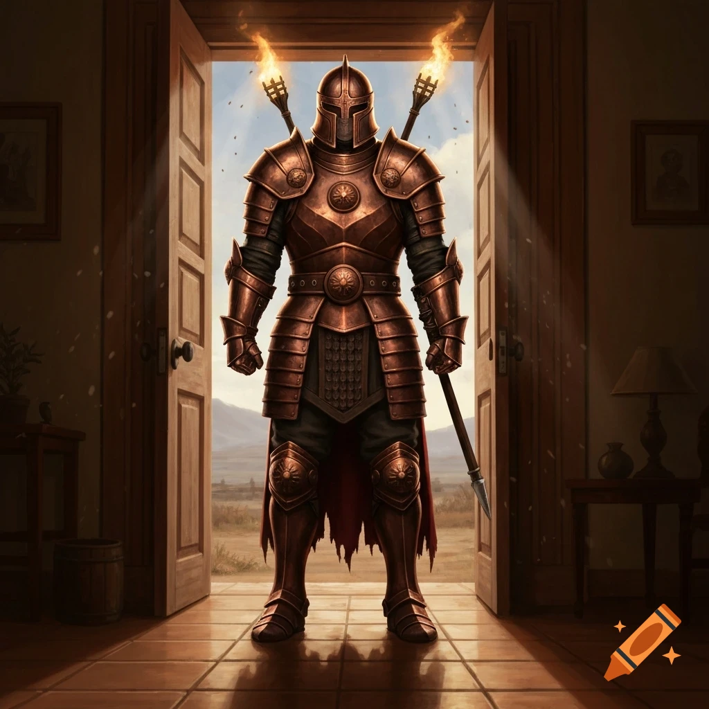 A knight in detailed bronze armor stands in a doorway, holding a spear, with flaming torches on their back and a landscape visible outside.