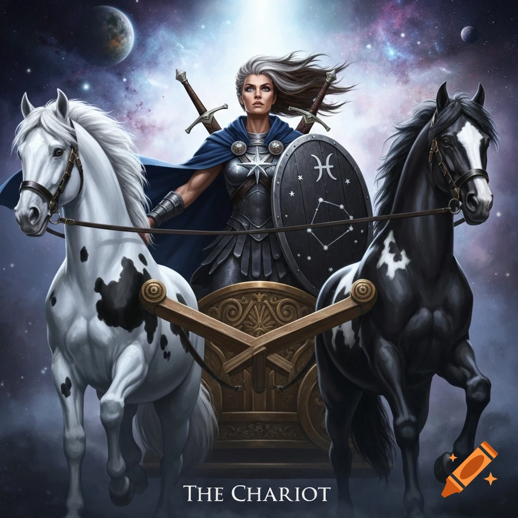 A strong female warrior with gray hair and armor rides a chariot, pulled by a white and a black spotted horse, against a cosmic background. She holds a shield with a Pisces sign.