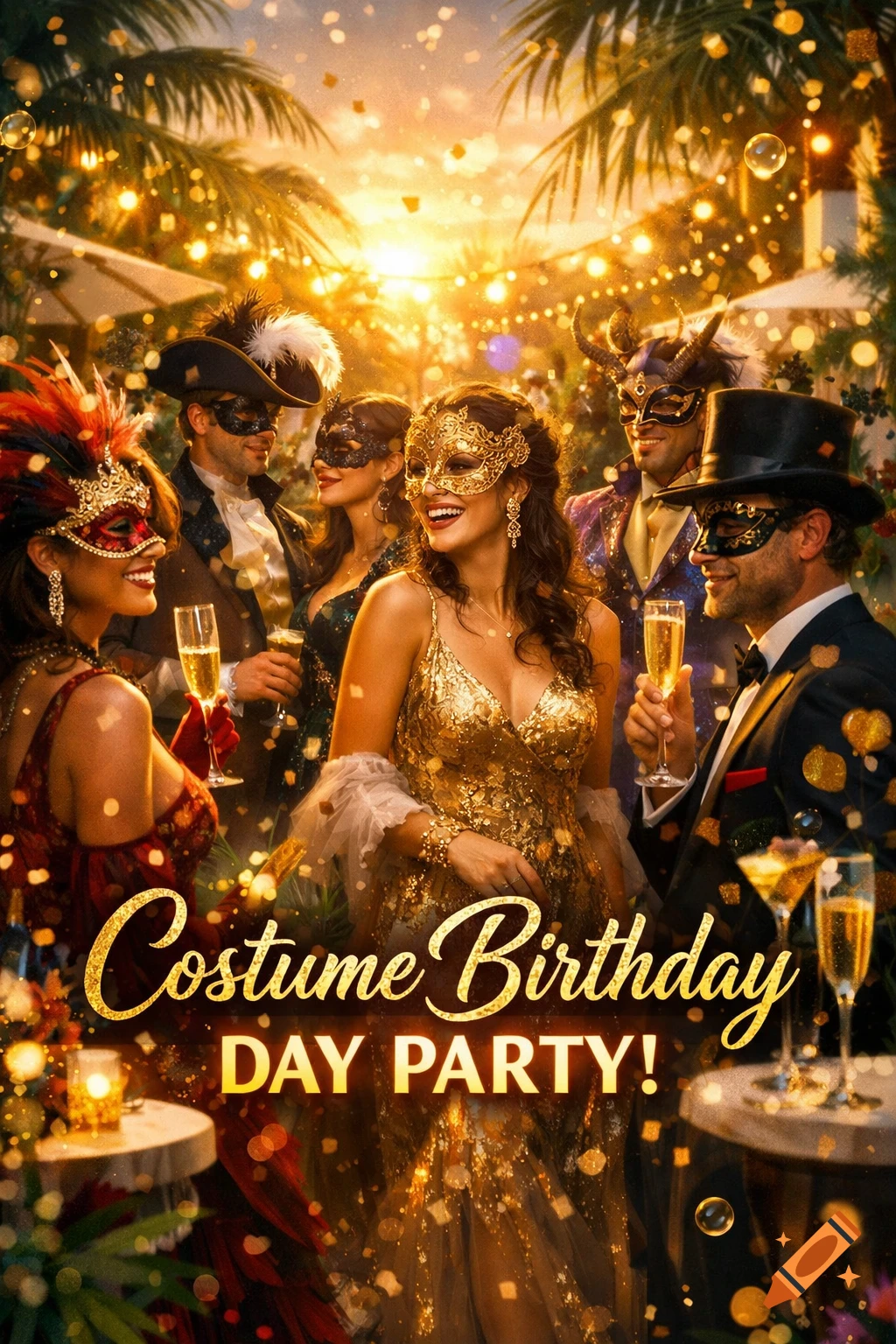A group of people in elegant masquerade costumes at a vibrant, golden-lit outdoor day party, with text "Costume Birthday DAY PARTY!"