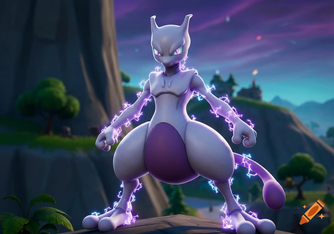 Mewtwo from Pokemon, engulfed in purple lightning, stands in a stylized Fortnite game environment with a dramatic purple sky.