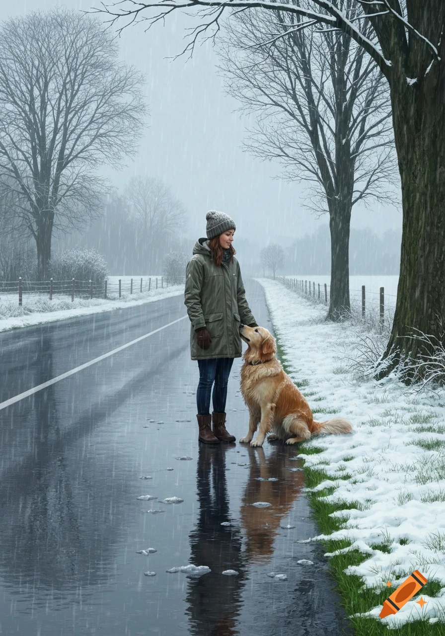 Woman in a winter coat and hat stands with a golden retriever on a wet road, snow falling in a wintry landscape.