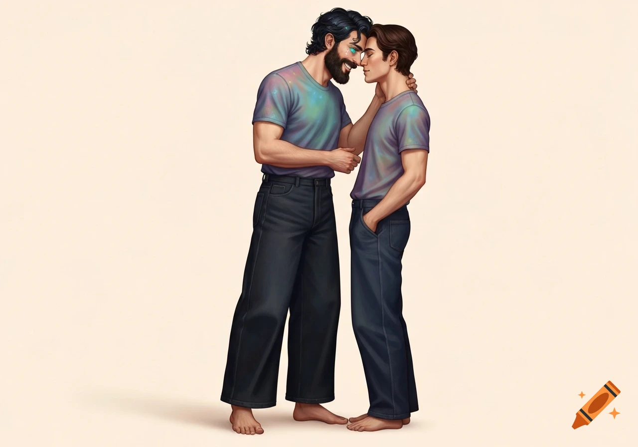 Digital illustration of two men, one with a beard, in an affectionate embrace, heads touching, both smiling, barefoot.