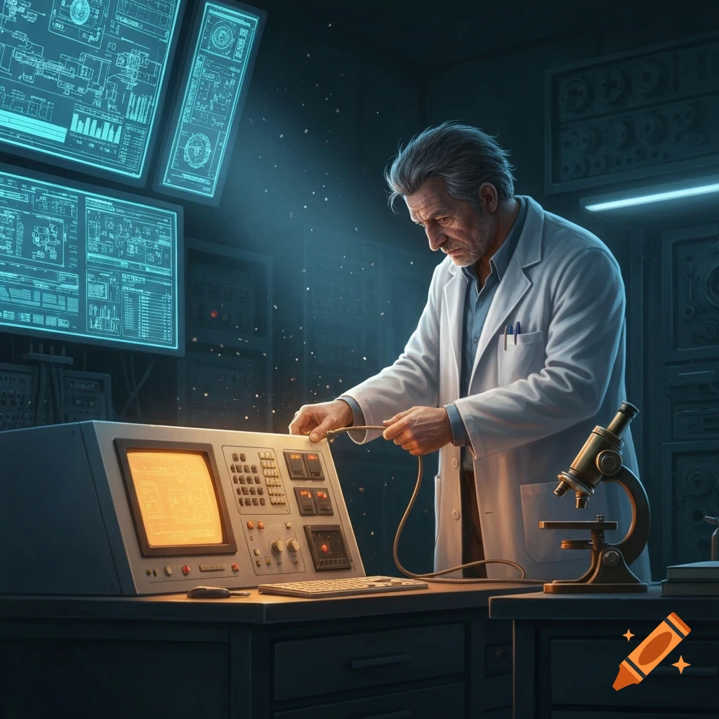 A scientist in a lab coat works on a glowing computer console with multiple monitor screens displaying schematics and data. A microscope sits on the table.
