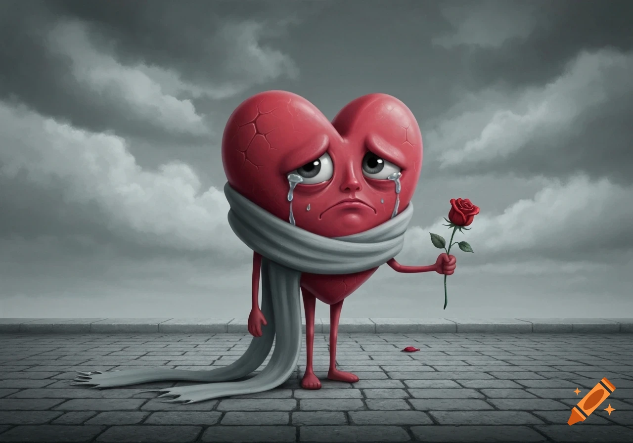 A crying, cracked red cartoon heart wrapped in a grey scarf, holding a wilting red rose, standing on cobblestones under a cloudy sky.