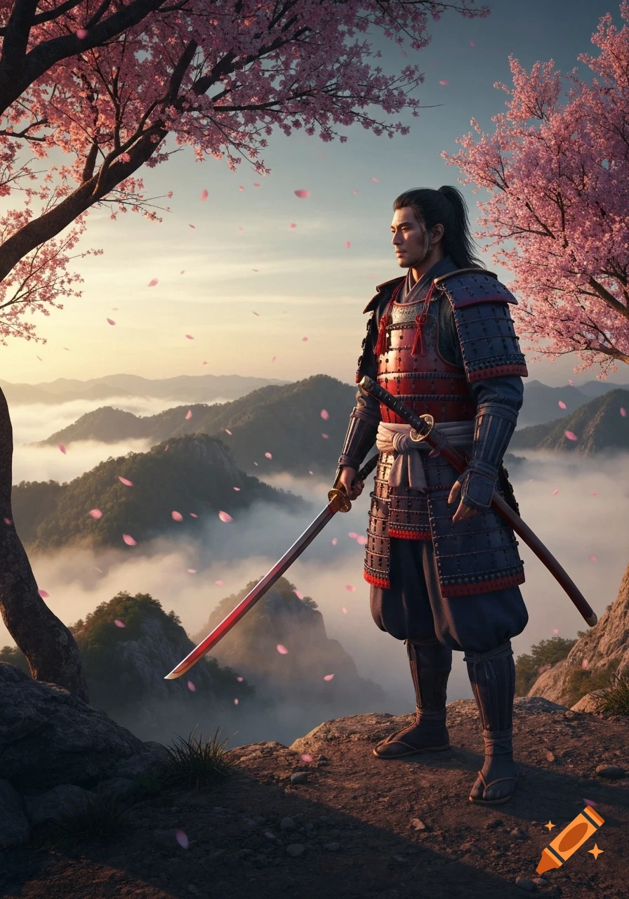 A photorealistic samurai in red and blue armor with a katana on a mountain overlooking misty valleys, surrounded by cherry blossoms at sunset.