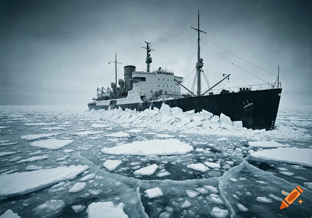 A vintage photograph of an ice breaker ship surrounded by ice in a frozen ocean under a cloudy sky.