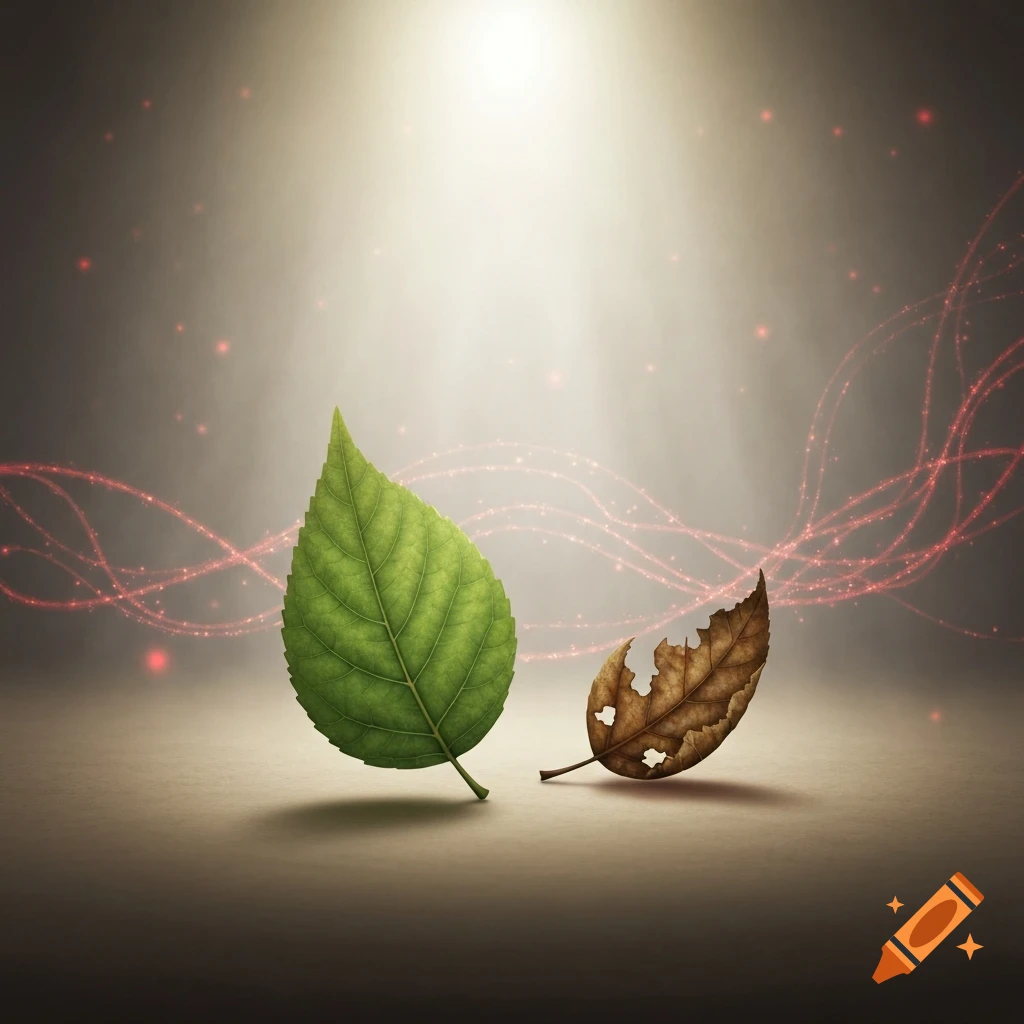A vibrant green leaf stands beside a decaying brown leaf, illuminated by a bright light and surrounded by glowing red lines.